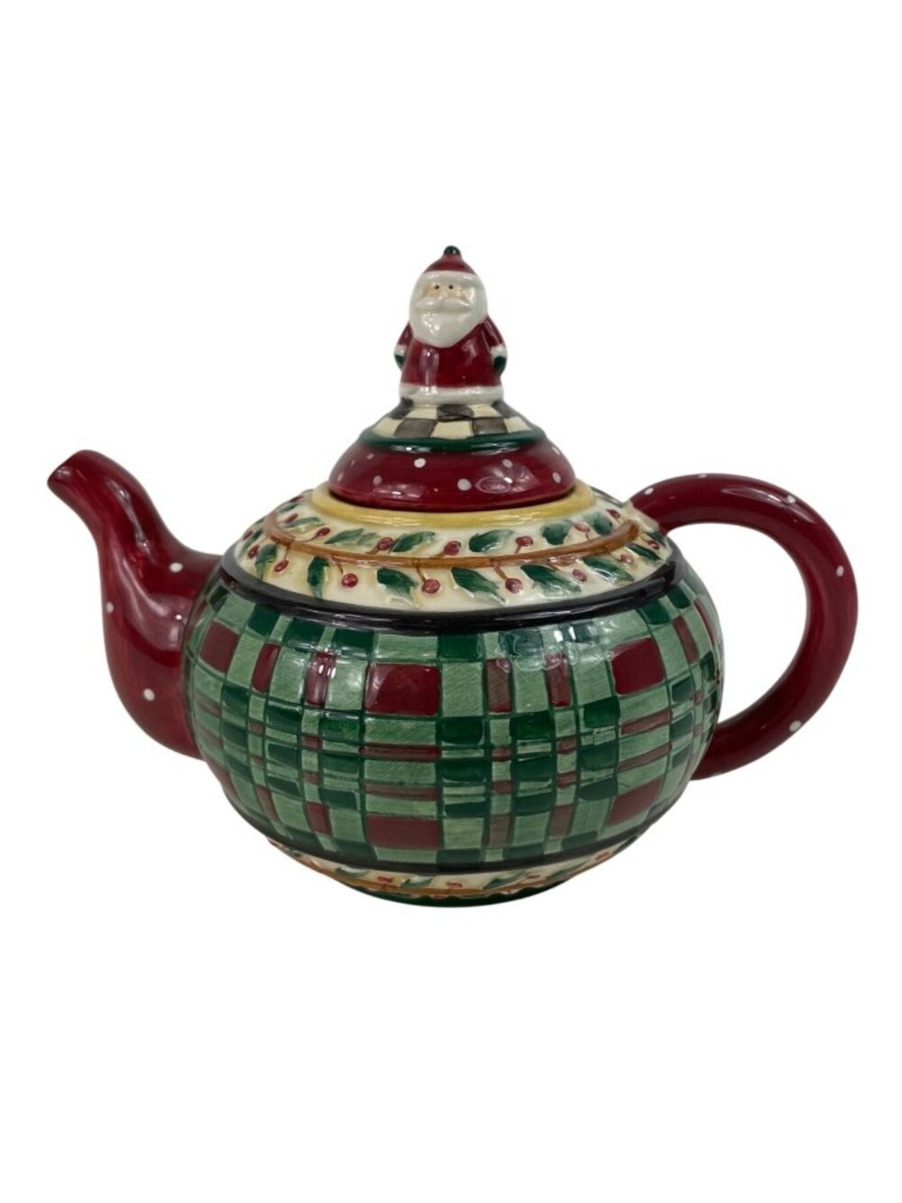 Sakura Debbie Mumm Red Green Holly Plaid Santa Claus Christmas Teapot Decor